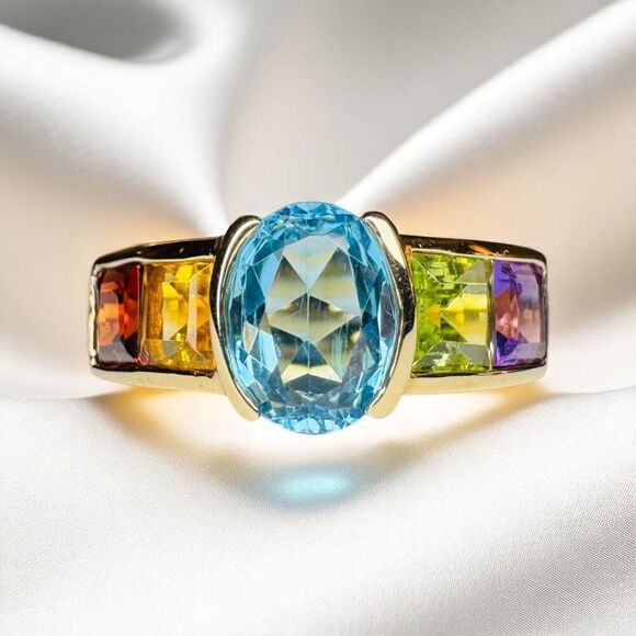 VINTAGE- 10K Gold -Multi Gemstone Ring -Sz 5 Rainbow Ring -Topaz Garnet Amethyst - Picture 8 of 16